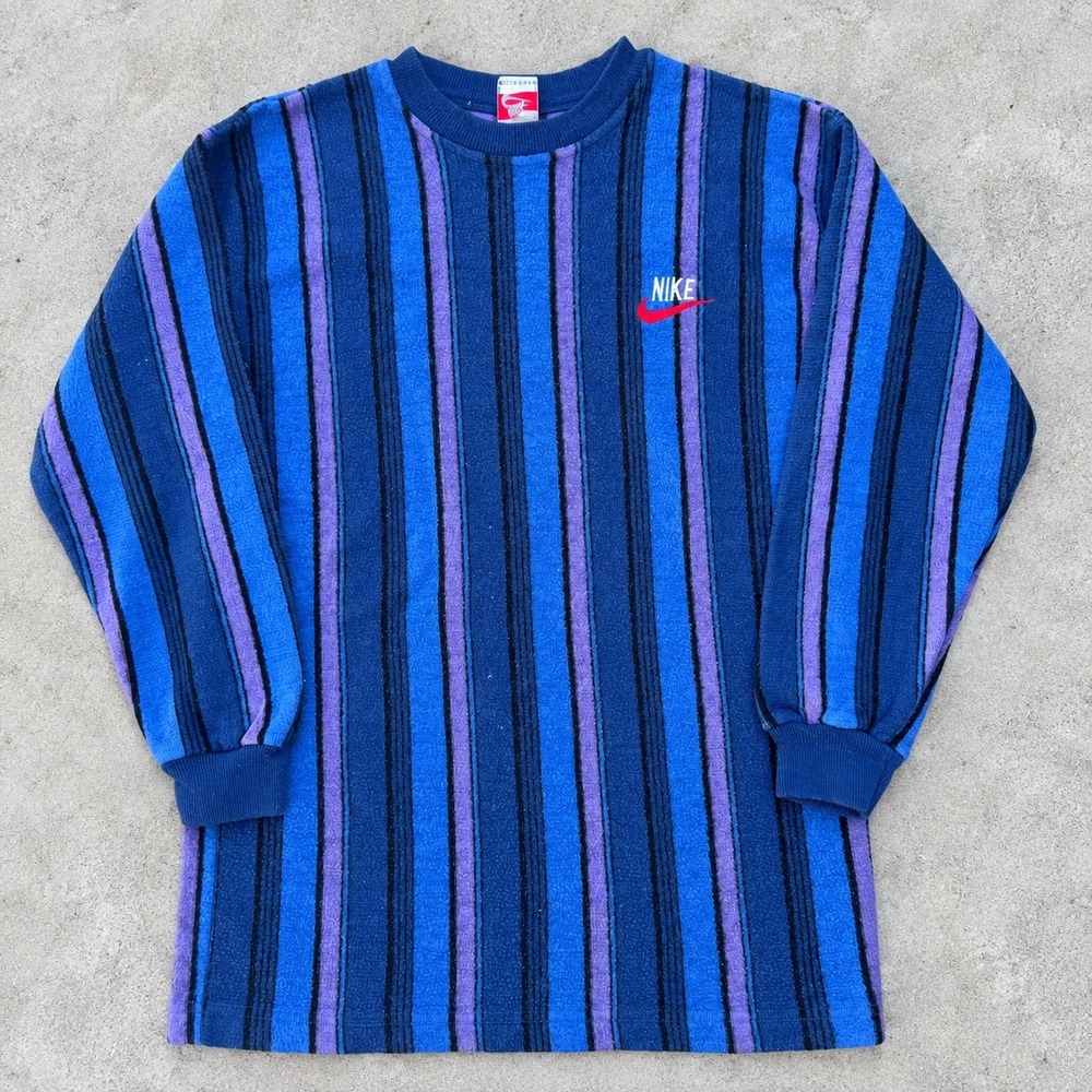 Vintage 80s Nike Fleece Shirt XL Blue Purple Striped Long Sleeve RARE USA